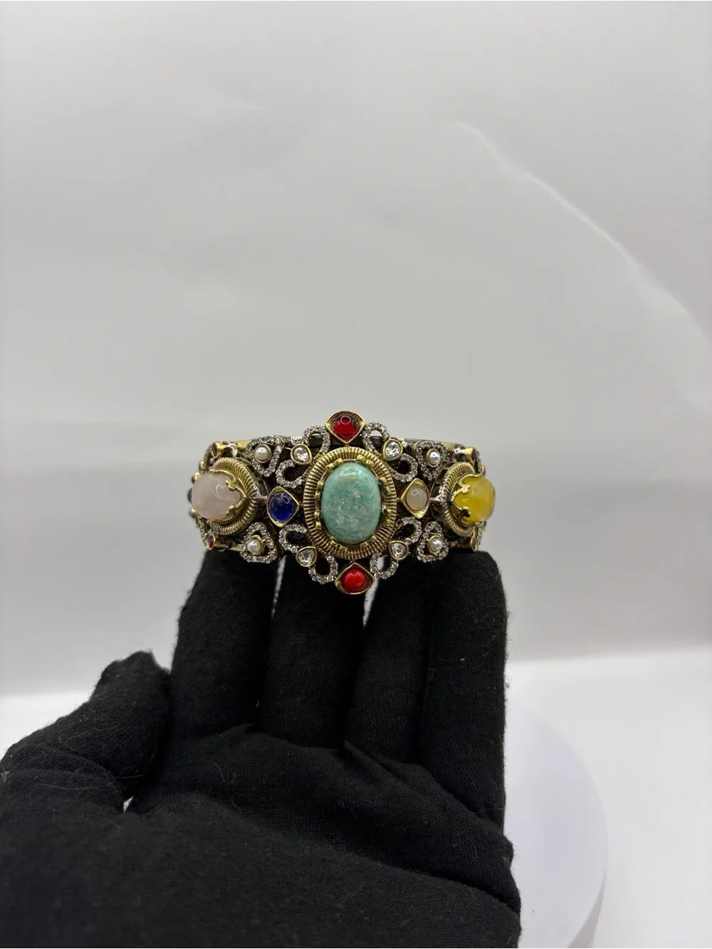 Sabyasachi Fashion Multicolor Doublet Stone Filigree Cuff Bracelet - Gold Tone